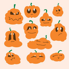 Cute pumpkin character, emotion goodness, sadness, fun. Halloween pumpkins, vector graphics, for kids,