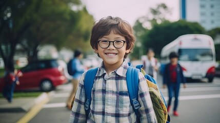 Fototapeta premium Happy Asian schoolboy wearing glasses in front of a school building outdoors. Smiling kid with a backpack standing in front of the school campus. Cheerful young Japanese student on his way to school.