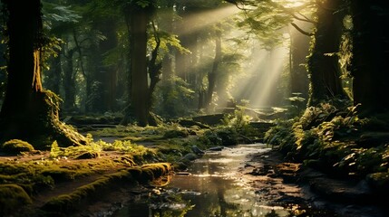 Sunlit forest with rays filtering through leaves