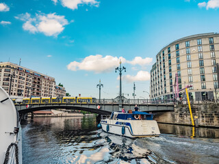 downtown Berlin, view from river Spree at sunset