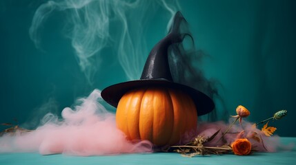 Halloween concept made of orange pumpkin and witch hat surrounded by smoke. Generative AI