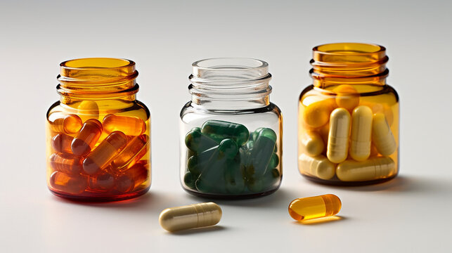 Colorful pills in a glass jar on white background. Focus on foreground.