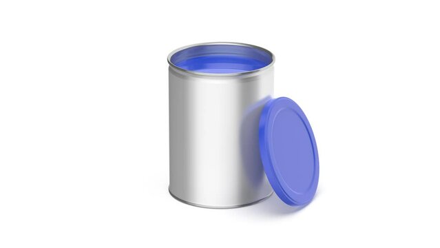 Metal can with blue paint on white background