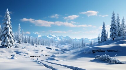 Obraz premium Pristine snowscape with pine trees and blue sky