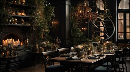 Fototapeta na wymiar Sophisticated restaurant; beautiful tables, subtle lighting, elegance