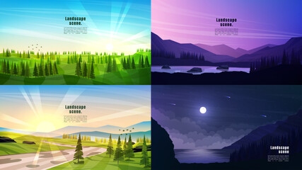 Vector illustrations set. Mountain landscapes in a flat style. Natural wallpapers. Geometric minimalist, polygonal concept. Forest trees, evening scene, path by hills, moonlight by water. Web banner