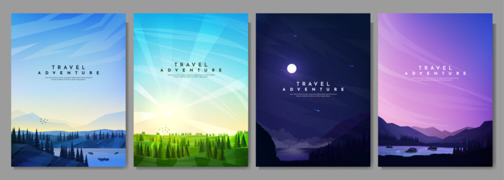 Vector illustration. Set of mountain landscapes. Geometric minimalist flat style. Forest by lake, night scene, evening sunset by rocks. Design for poster, cover, magazine, layout, flyer, wallpapers