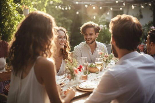 Candid photography of a wedding couple celebrating on a table with friends in a beautiful summer garden