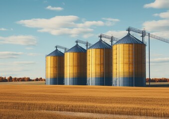 Grain silos of agri-industrial facility in the field.
