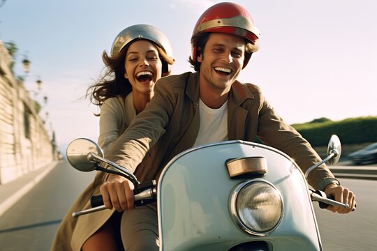 Beautiful happy couple on a motor scooter, wearing a helmet