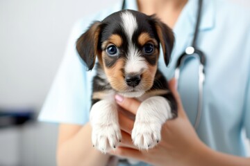 A small cute puppy at a reception in a veterinary clinic with a veterinarian
