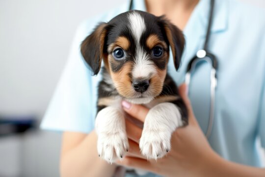 A small cute puppy at a reception in a veterinary clinic with a veterinarian