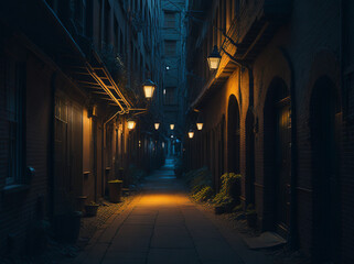 Chinese alley or street at night illuminated by lanterns and neon lights