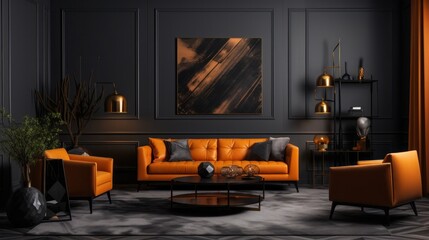 Black and orange interior living room