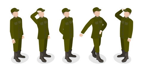 3D Isometric Flat  Set of Soldiers in Uniform