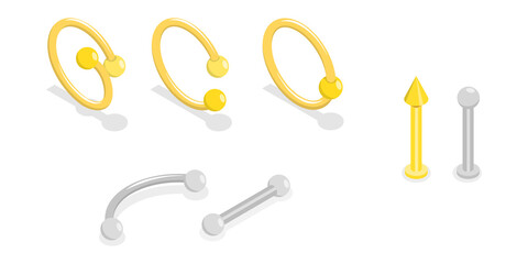 3D Isometric Flat  Set of Piercing Jewelry