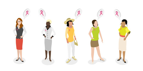 Fototapeta premium 3D Isometric Flat Conceptual Illustration of Women with Pink Support Ribbons