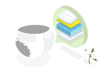 3D Isometric Flat  Conceptual Illustration of Baby Diapers