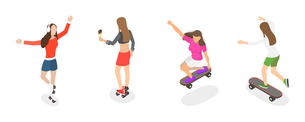 3D Isometric Flat  Set of Roller Skating Girls