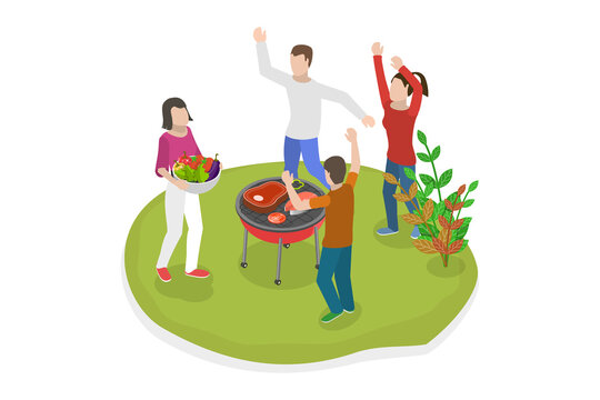 3D Isometric Flat  Conceptual Illustration of Barbecue Party