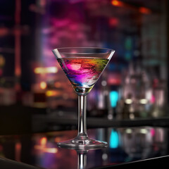 Single multi-colored cocktail in martini glass with dramatic pink and blue bar background 