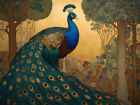 Decorative art nouveau illustration of a peacock in profile in an ornate floral forest background
