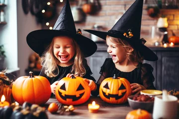 Rolgordijnen Witchy faces: happy kids at a halloween pumpkin party © Виктория Марьенко