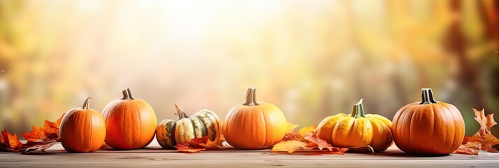 Thanksgiving Pumpkins And Leaves On Rustic Wooden Table With Sunlight And Bokeh On Autumn Background - Thanksgiving / Harvest Concept