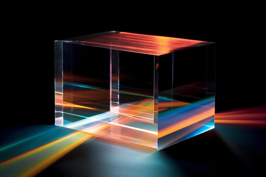 Plexiglass Cube Radiating Rainbow Refractions on Dark Backdrop, Generative AI