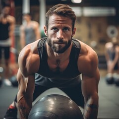Fototapeta premium Brutal strong bodybuilder athletic man pumping up muscles workout bodybuilding concept background - muscular bodybuilder handsome men doing exercises in gym torso sport and diet concept