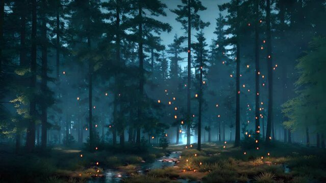 Mysterious dark forest thicket with magic supernatural firefly lights soaring over small creek among fir tree silhouettes at misty night. Fantasy mystical woodland scenery 3D animation.