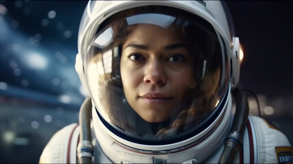 young adult woman, astronaut wears an astronaut suit, glass visor on the helmet, marvels and admires the universe, beauty of the universe, fictitious