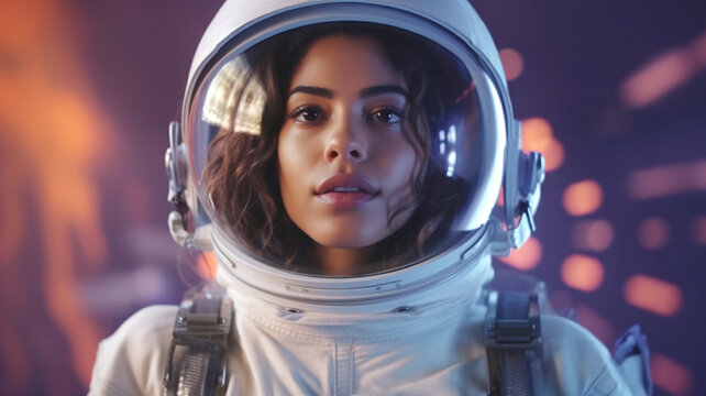 young adult woman, astronaut wears an astronaut suit, glass visor on the helmet, marvels and admires the universe, beauty of the universe, fictitious