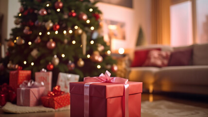 Fototapeta na wymiar christmas day, christmas morning or early evening, fictional, christmas presents on carpet in living room, sofa couch, christmas tree