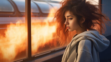 Fototapeta na wymiar the air is burning, fire and flames, young woman or teenage girl stands at a window in a building or terminal or university, heat or gas leak or fire and flames, fictional