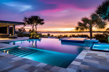 Fototapeta na wymiar Immerse yourself in 'Liquid Horizons', a captivating series showcasing the seamless blend of water and sky through stunning Infinity Edge Swimming Pool designs.