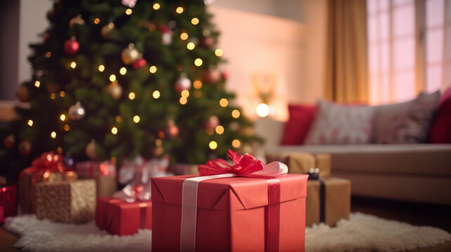 christmas day, christmas morning or early evening, fictional, christmas presents on carpet in living room, sofa couch, christmas tree