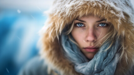 a young adult woman, blond hair, caucasian, german, proud and dreamy or pensive and enjoyment and drama, luxurious, winter jacket and hood, covered in snow, snowflakes in winter, fictional