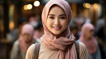 Muslim indonesian asian woman with hijab in shopping mall. - obrazy, fototapety, plakaty