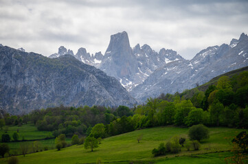 View on Naranjo de Bulnes or Picu Urriellu,  limestone peak dating from Paleozoic Era, located in Macizo Central region of Picos de Europa, mountain range in  Asturias, Spain