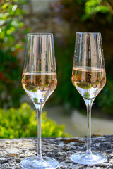 Tasting of premier cru sparkling rose wine with bubbles champagne with view on old houses of Hautvillers, where lived Benedictine monk how developed champagne wine, France.