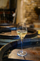 Tasting of grand cru sparkling white wine with bubbles champagne by old champagne caves in grand cru wine producer small village Cramant, Champagne, France