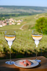 Tasting of premier cru sparkling white wine with bubbles champagne with view on green pinot noir, meunier vineyards of Hautvillers and valley of Marne river, France.