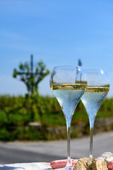 Tasting of grand cru sparkling white wine with bubbles champagne with view on old houses of Oger, small village with grand cru vineyards, France.