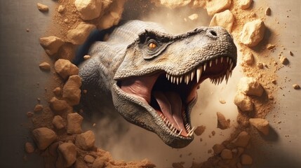 Obraz premium Tyrannosaurus rushes out of the hole in the wall