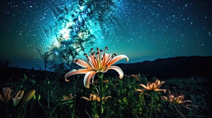 Fototapeta na wymiar lily flower on the night sky background