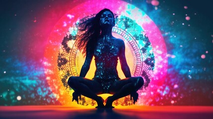 yoga pose in psychedelic neon circle