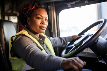 A young black female truck driver driving. Generative AI. 