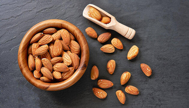 Top view of almonds on dark stone table with wood spoon or scoop. Almond in wooden bowl. Nuts freely laid on dark board.