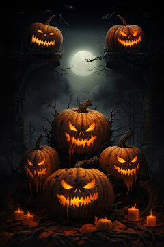 Halloween background with pumpkins. Greatings card halloween party fliyer invintation. AI generated illustration